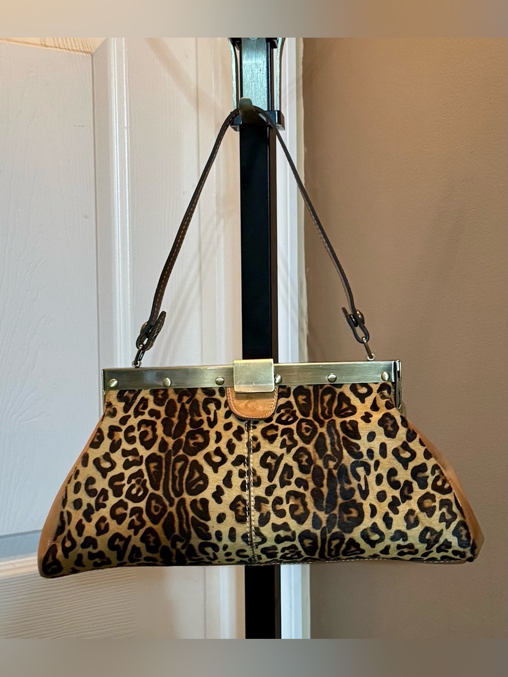 Patricia Nash Rare Leopard Haircalf Frame Clutch Shoulder Bag